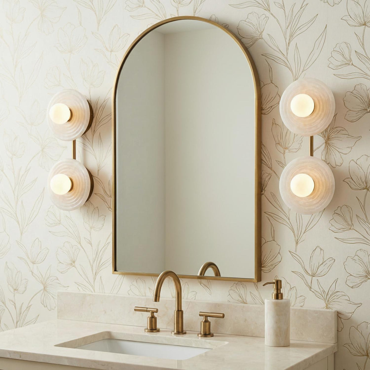 Bren 2 Light LED Vanity, Vintage Brass and Alabaster for Transitional home with Cream Wallpaper
