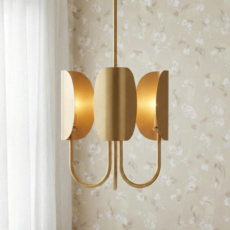 Nico 3 Light Chandelier 15", Antique Brass scalloped chandelier in a Contemporary Bedroom with floral wallpaper and white curtains.