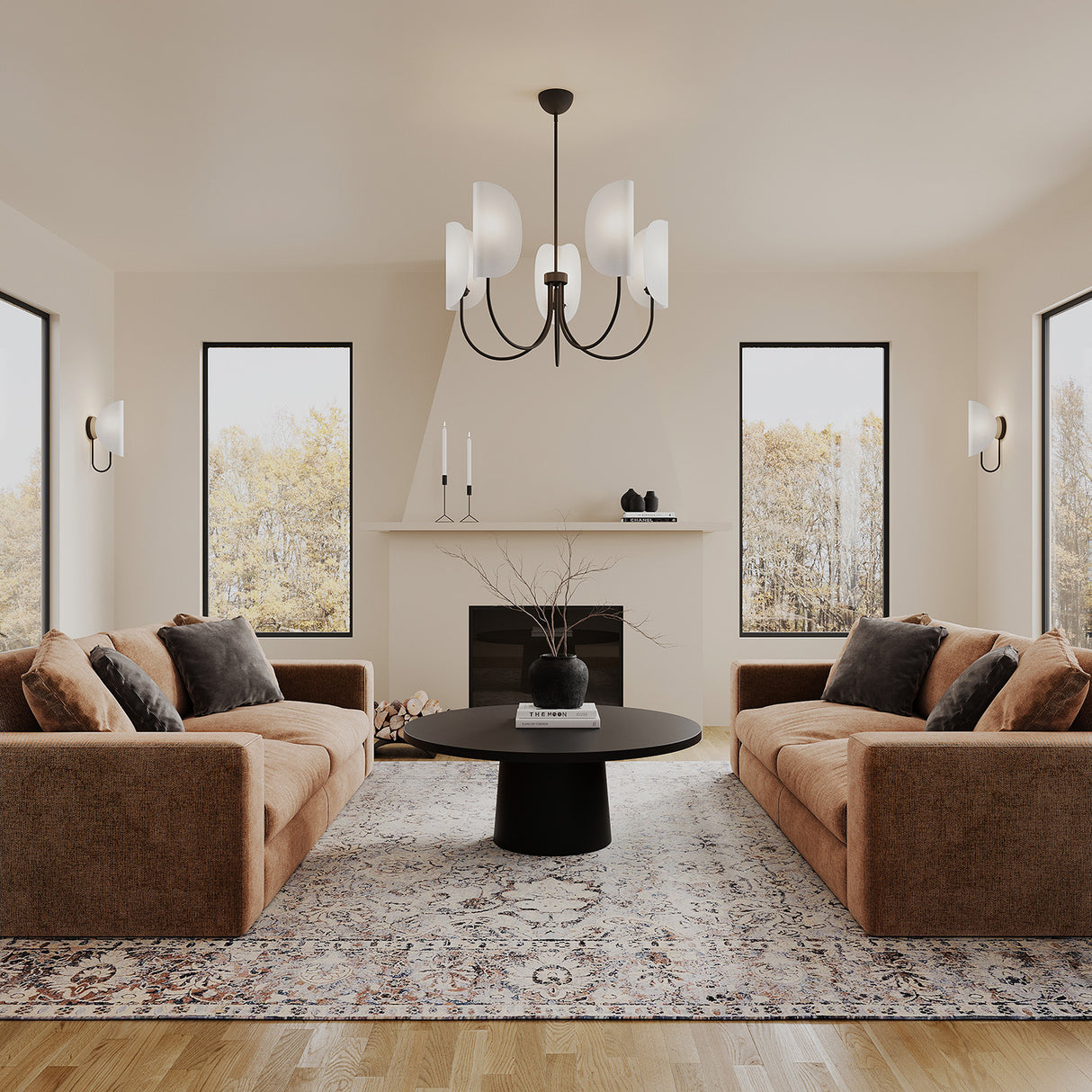 Nico 5 Light Chandelier 32", Matte Black with Fabric Shade