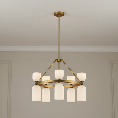 Elle Chandelier 26, Brushed Brass and Milk Glass for Modern home with Beige Walls