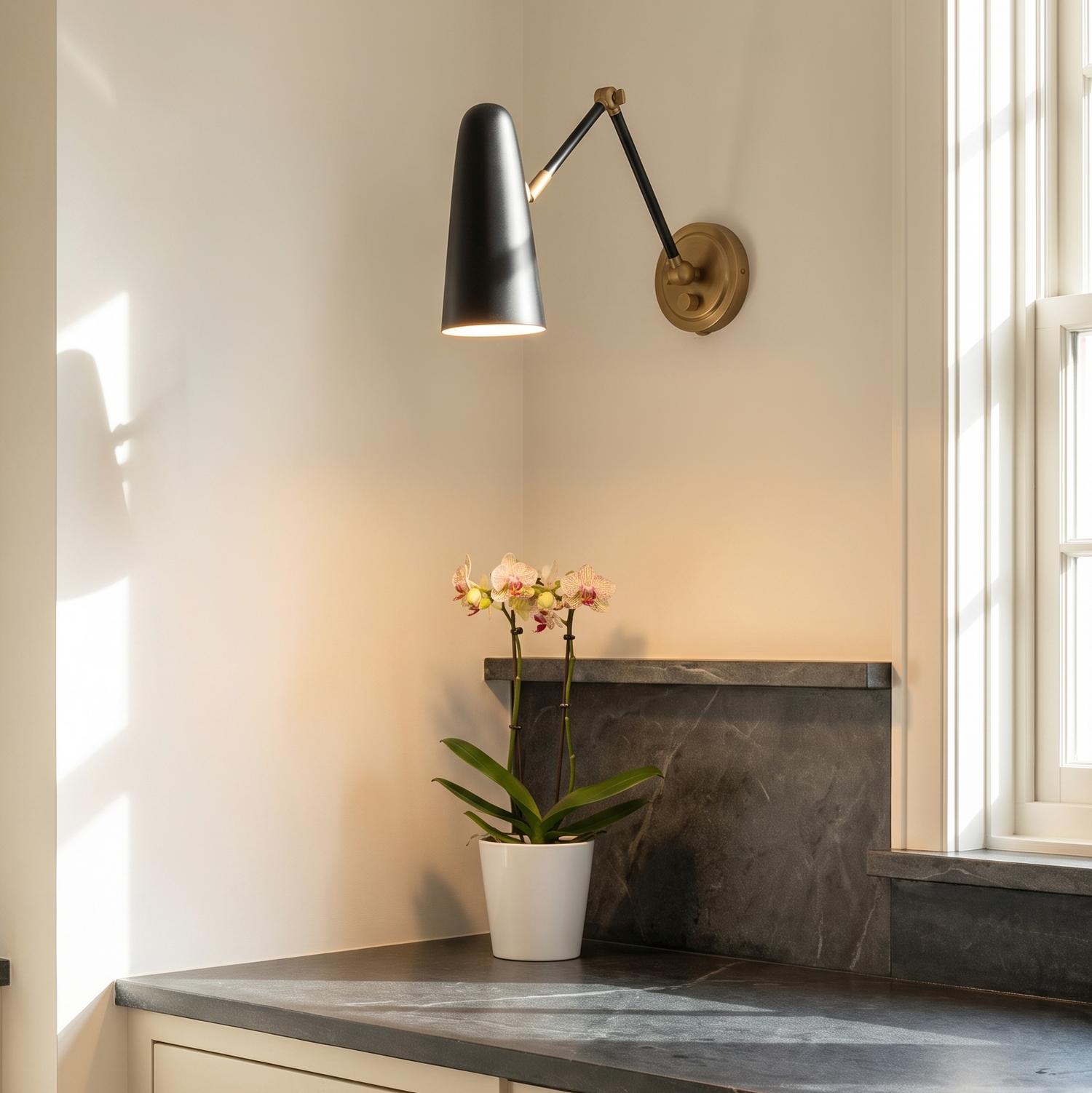 Roy Articulating Wall Sconce, Matte Black and Antique Brass