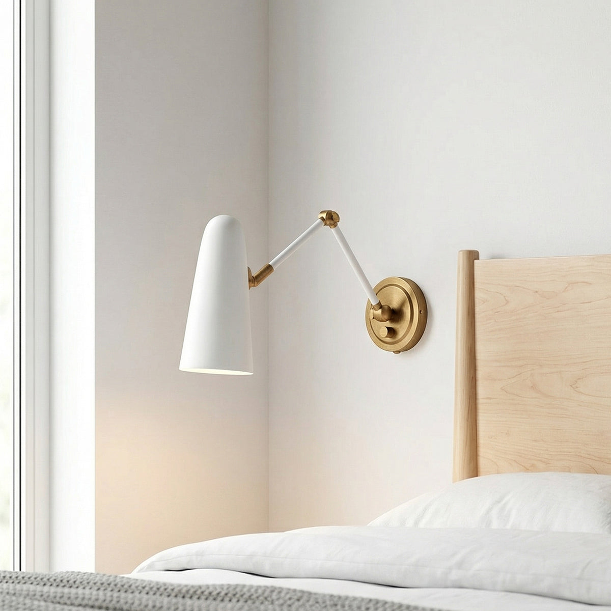 Roy Articulating Wall Sconce, White and Antique Brass for Modern home with White Walls