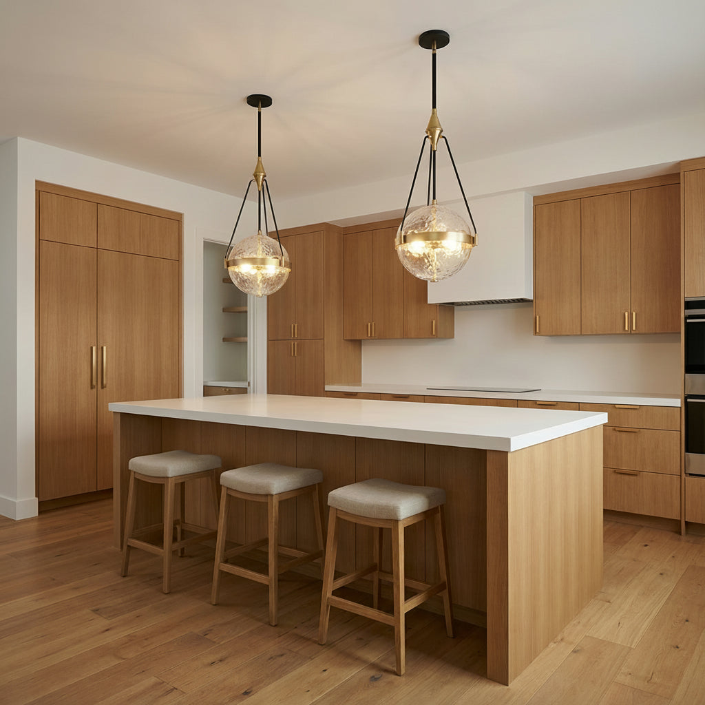 Darcy Medium Pendant 14", Brushed Brass and Water Glass for Modern home with Warm Wood