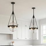 Darcy Medium Pendant 14" Matte Black and Water Glass for Modern Farmhouse home with White Shiplap