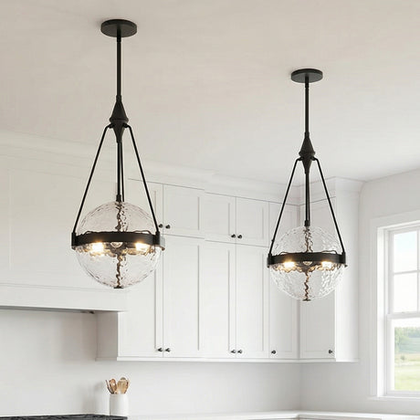Darcy Medium Pendant 14" Matte Black and Water Glass for Modern Farmhouse home with White Shiplap
