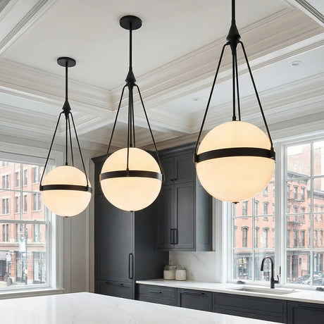 Darcy Large Pendant 18", Matte Black and Milk Glass for Modern home with White Siding