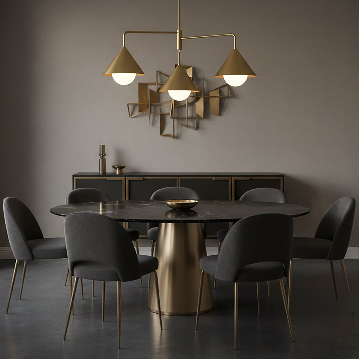 Juno Chandelier 38, Brushed Brass and Opal Glass for Modern home with Gray walls