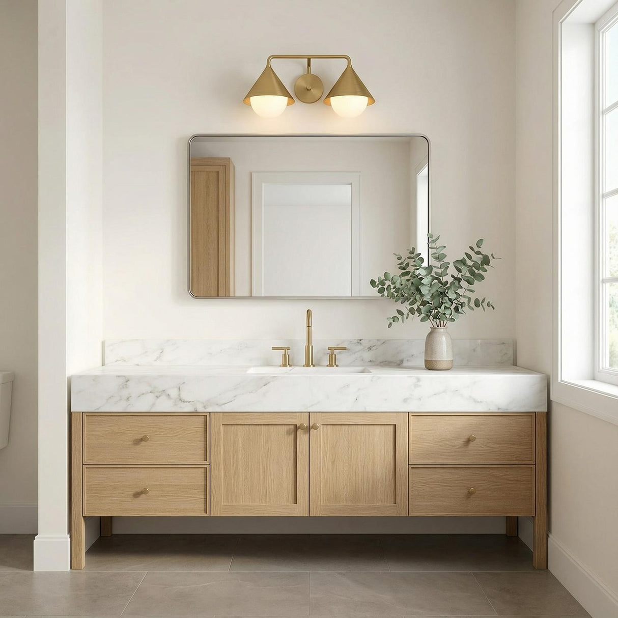 Juno 2 Light Vanity Light, Brushed Brass and Opal Glass