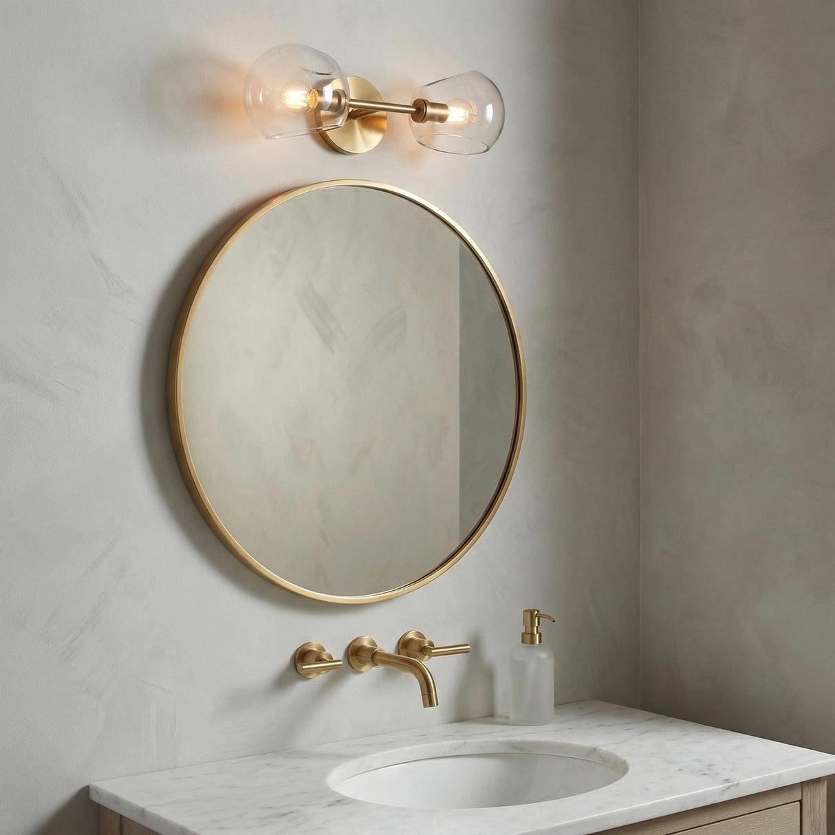 Flynn 2 Light Wall Sconce, Brushed Brass with Clear Glass for Modern home with Gray Textured Walls