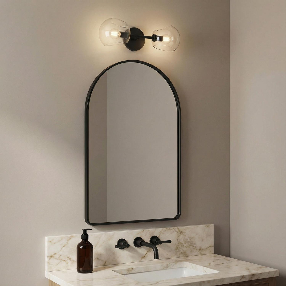 Flynn 2 Light Wall Sconce, Matte Black with Clear Glass