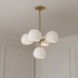 Flynn 5 Light 18" wide Pendant 18" in aged brass with opal glass, for Modern home, MCM style