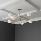 Flynn 6 Light Chandelier 37", Brushed Brass with Opal Glass for Modern home with Dark Gray wallpaper