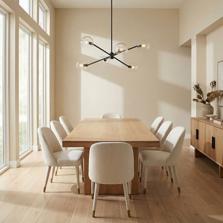 Flynn 6 Light Chandelier 37", Matte Black with Clear Glass globe chandelier in a Modern Dining Room with a rustic oak table.