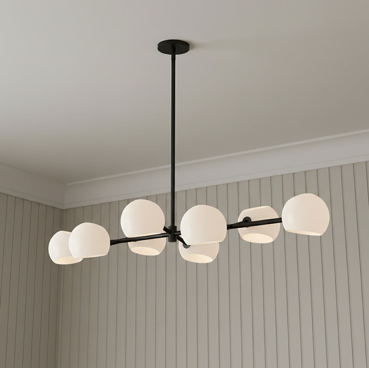 Flynn 8 Light Linear Pendant 48", Matte Black with Opal Glass for Modern home with Light Gray Shiplap