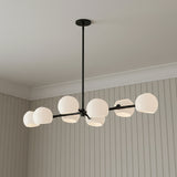 Flynn 8 Light Linear Pendant 48", Matte Black with Opal Glass for Modern home with Light Gray Shiplap
