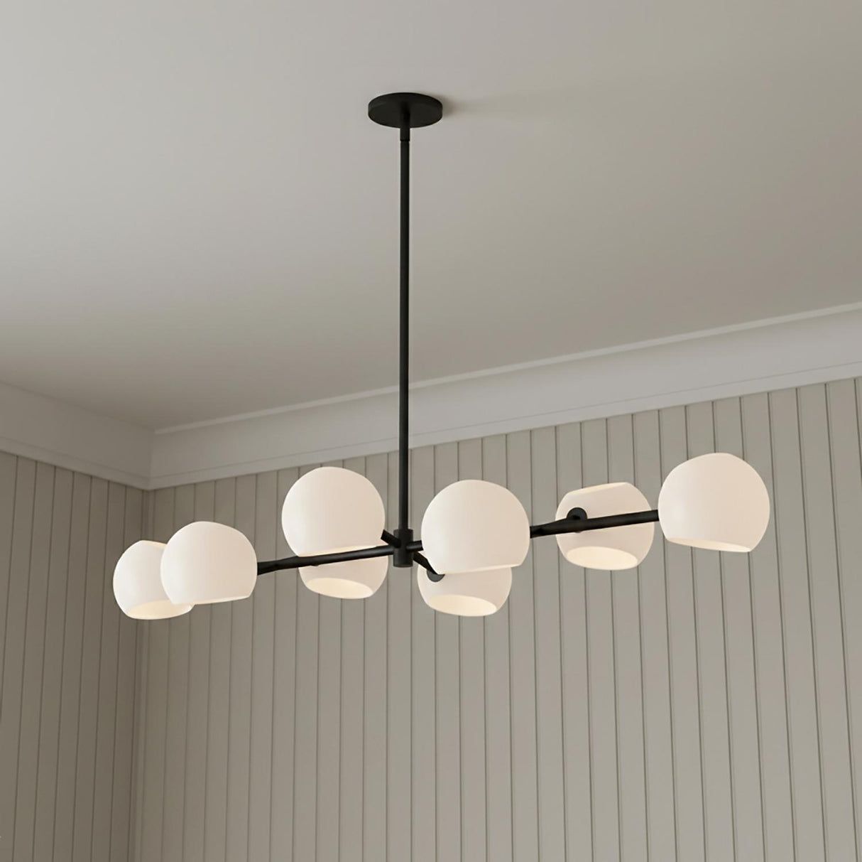 Flynn 8 Light Linear Chandelier 48", Matte Black with Opal Glass