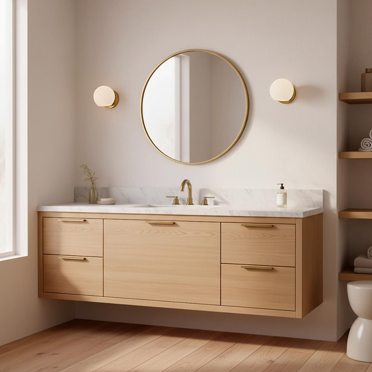 Flynn 1 Light Wall Sconce, Brushed Brass with Opal Glass for Modern home with White Siding