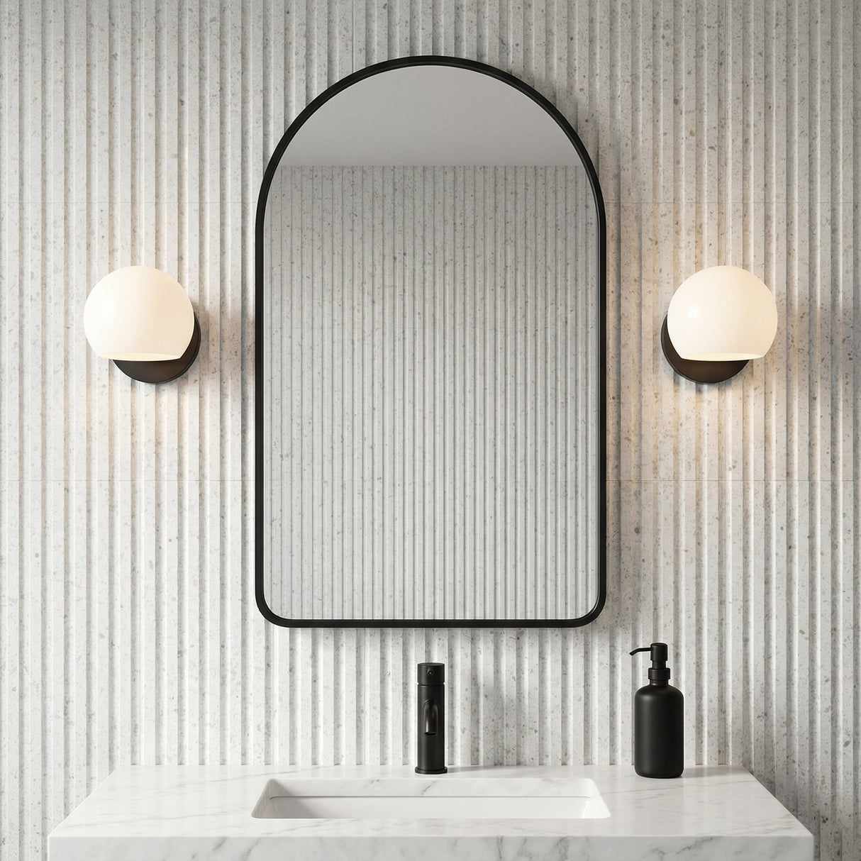 Flynn 1 Light Wall Sconce, Matte Black with Opal Glass for Modern home with Textured Gray Tile