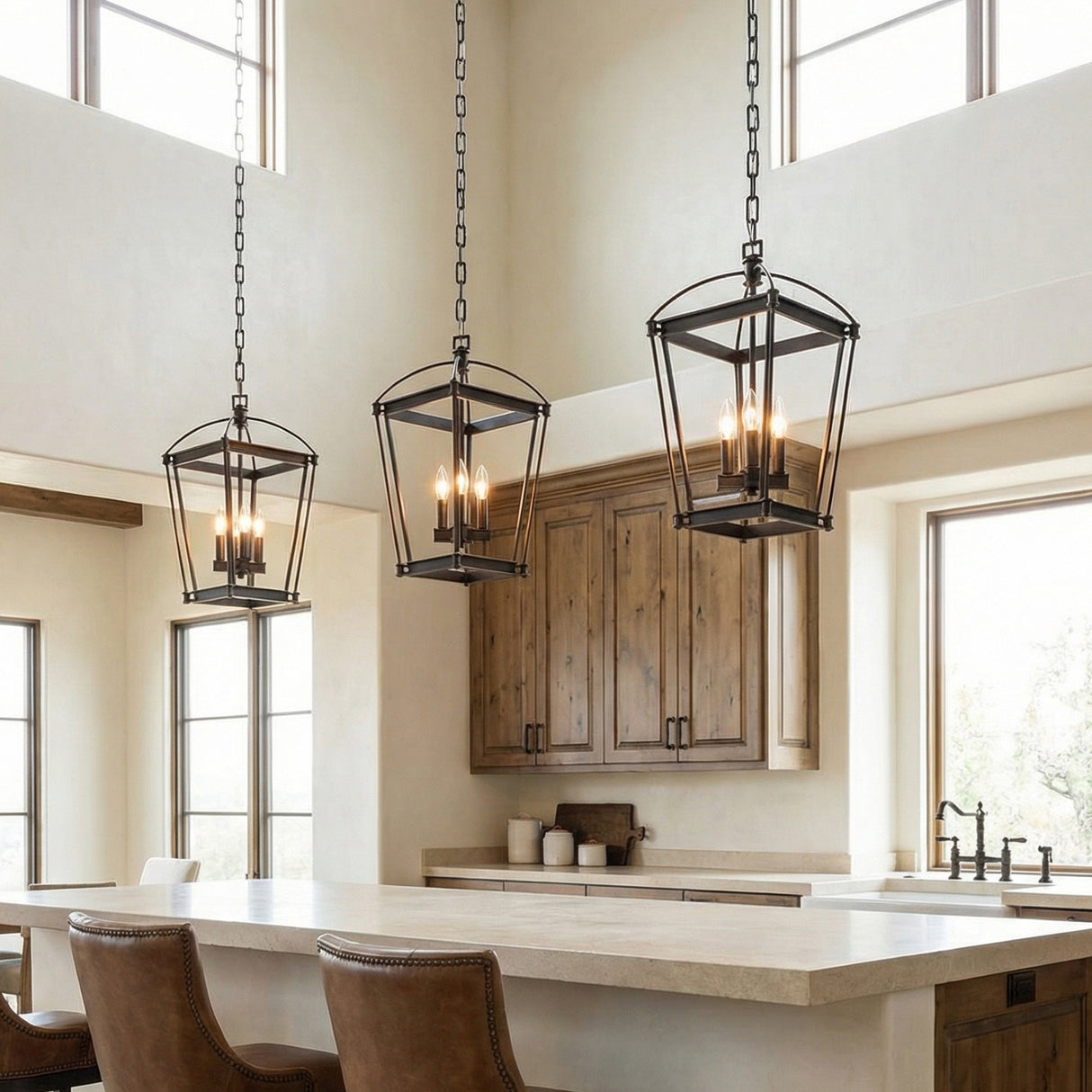 Pierce Small Lantern Pendant 12", Urban Bronze geometric pendant in a Modern Farmhouse Kitchen with a light stone island and rustic wood cabinets.