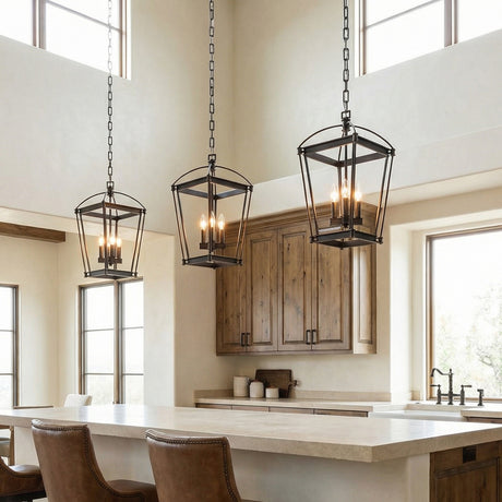 Pierce Small Lantern Pendant 12", Urban Bronze geometric pendant in a Modern Farmhouse Kitchen with a light stone island and rustic wood cabinets.