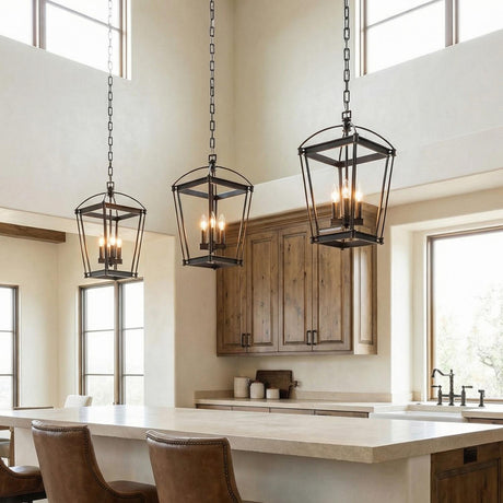 Pierce Small Lantern Pendant 12", Urban Bronze geometric pendant in a Modern Farmhouse Kitchen with a light stone island and rustic wood cabinets.