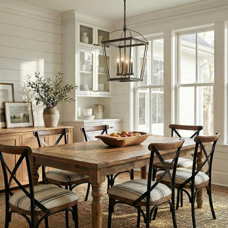 Pierce Medium Lantern Pendant 17", Urban Bronze geometric lantern pendant in a Modern Farmhouse Dining Room with a rustic oak table.