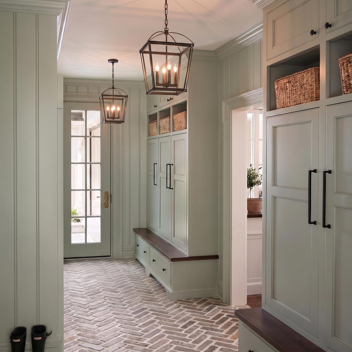 A modern farmhouse foyer with two Pierce Medium Lantern Pendants in urban bronze suspended over herringbone brick flooring and sage green mudroom cabinets with wood benches.