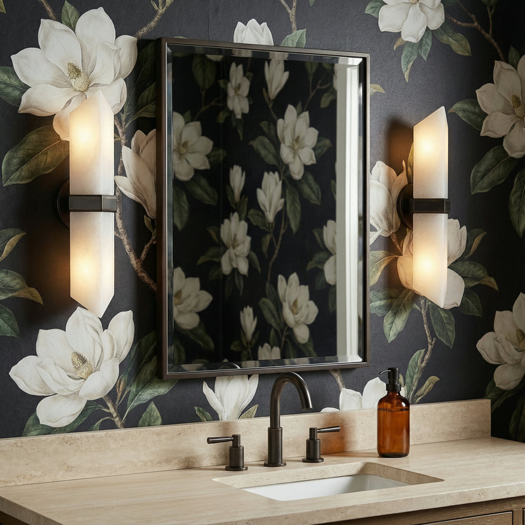 Gracy 2 Light Wall Sconce, Urban Bronze and Alabaster for Transitional home with Dark Floral Wallpaper