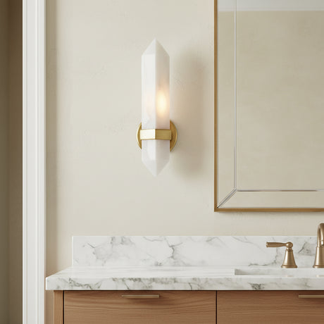 Bathroom vanity with marble countertop, gold fixtures, and the Gracy 1 Light Wall Sconce, in Vintage Brass and Alabaster.