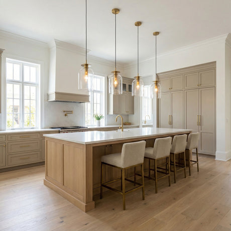 Bella Pendant 8", Brushed Brass globe Pendant in a Transitional Kitchen with a white quartz island.