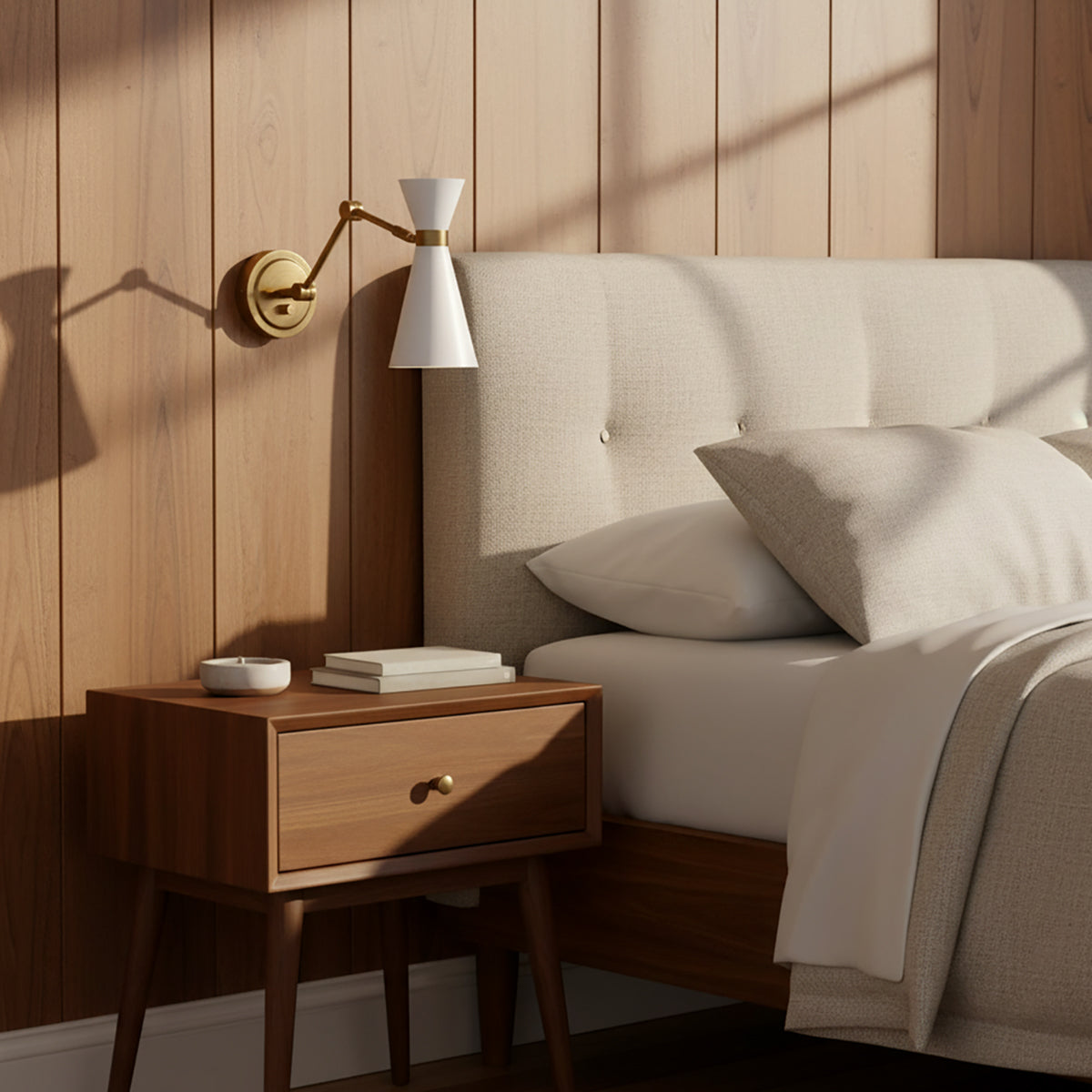 Aiden Articulating Wall Sconce, White and Antique Brass - Bedroom scene with wall sconce, wooden accent wall, nightstand, and upholstered bed.