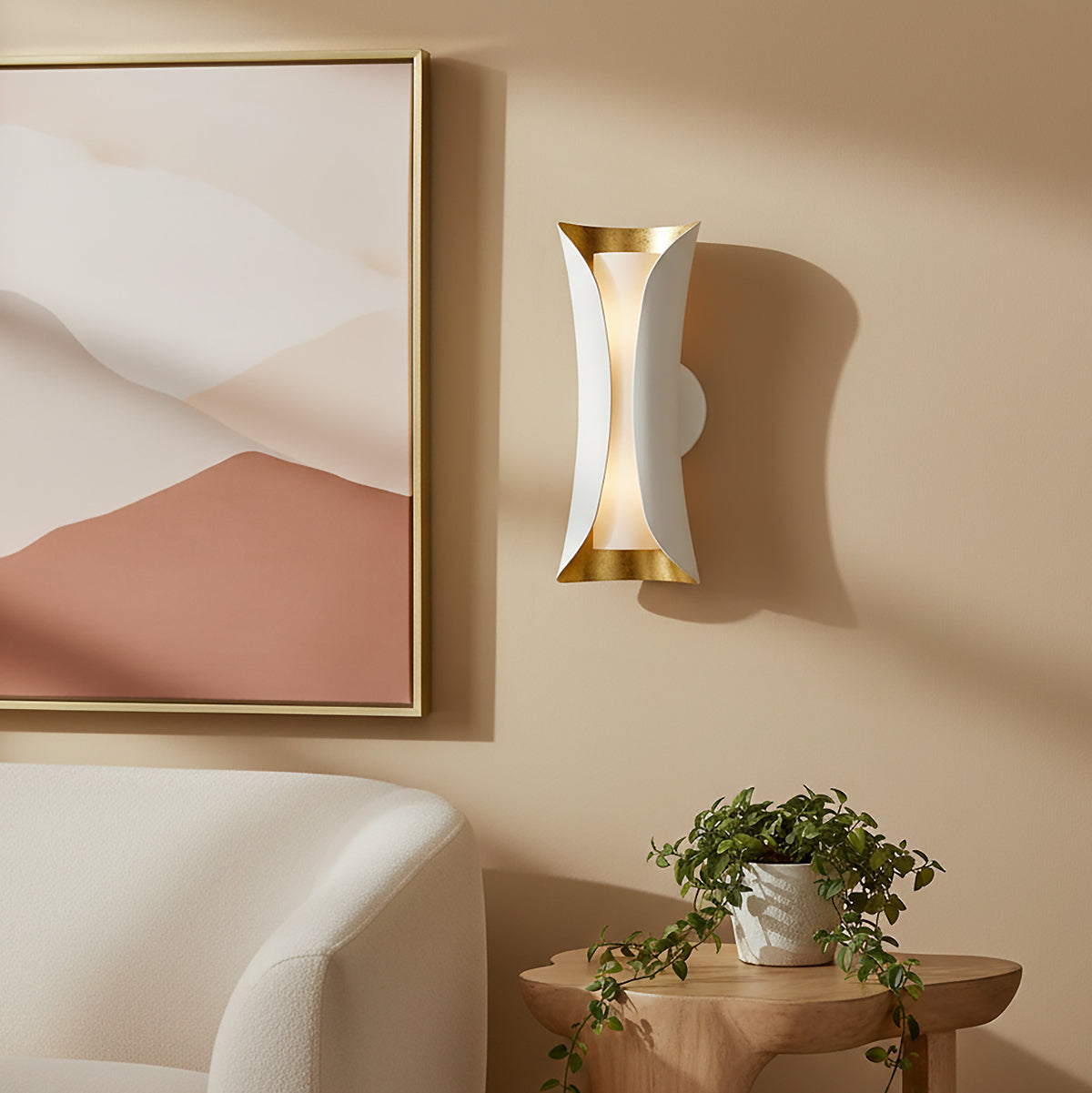 Rhys Wall Sconce, White and Gold Leaf for Modern home with Beige Walls