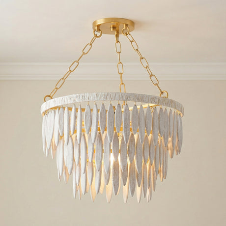 Willa Pendant 18", White-Washed Wood and Aged Brass leaf design chandelier in a Coastal Dining Room with a rustic oak dining table.