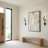 Organic Branch Wall Sconce 24", Matte Black globe wall sconce in a Modern Entryway with a light wood slat bench and abstract art.