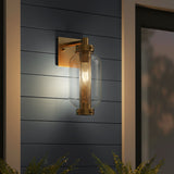 Bennett Outdoor Wall Light, Small 13" Vintage Brass for Modern Farmhouse home with Navy Siding