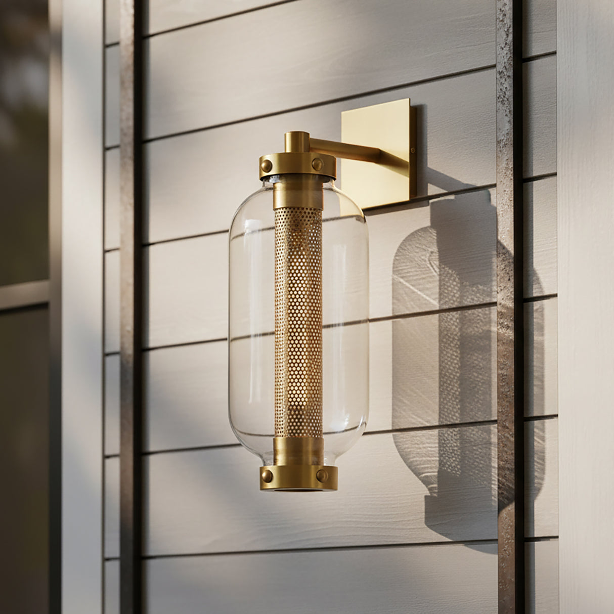 Bennett Outdoor Wall Light, Medium 19" tall in Vintage Brass finish.