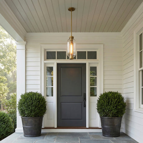 Bennett Outdoor Hanging Light, Vintage Brass for Modern Farmhouse home with White Siding