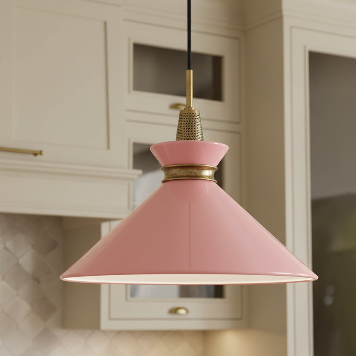 Sadie Large Pendant 18" Pink and Aged Brass for Modern Farmhouse home with Cream Cabinetry