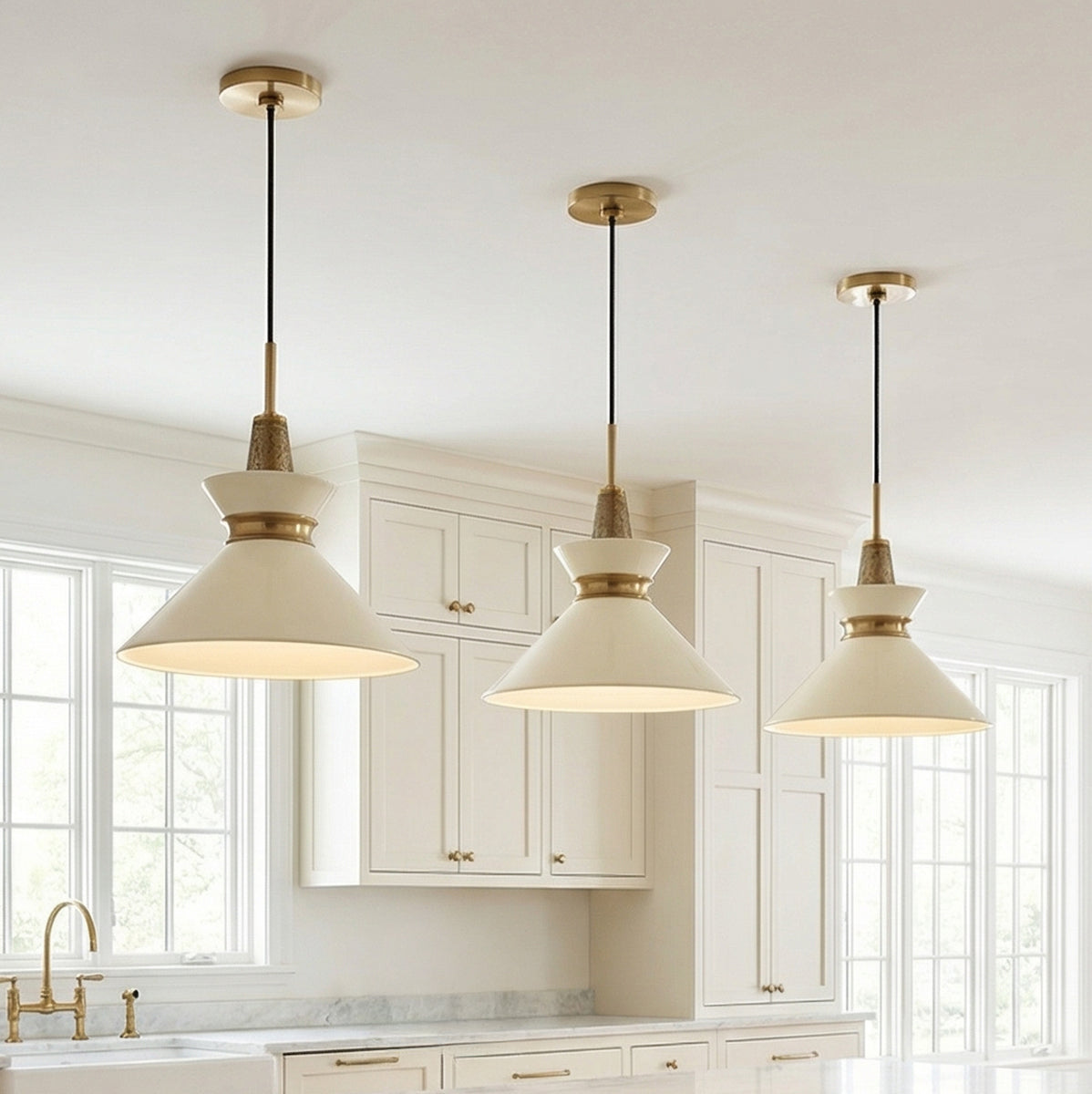 Sadie Medium Pendant 14", Cream and Aged Brass for Modern Farmhouse home with Cream Cabinets