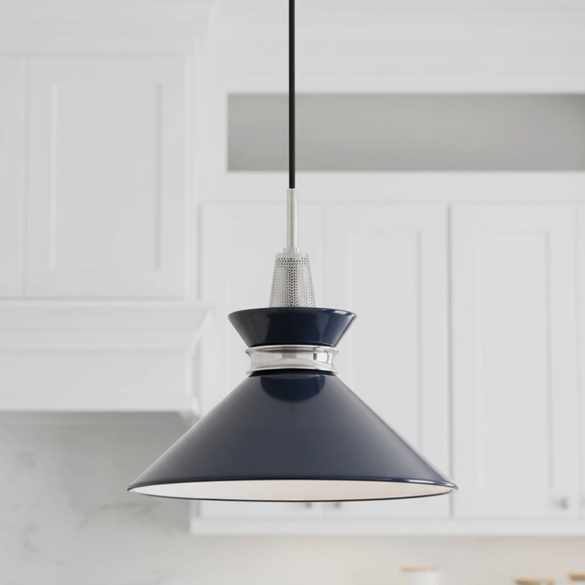 Sadie Medium Pendant 14", Navy and Polished Nickel for Modern Farmhouse home with White Siding