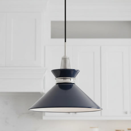 Sadie Medium Pendant 14", Navy and Polished Nickel for Modern Farmhouse home with White Siding