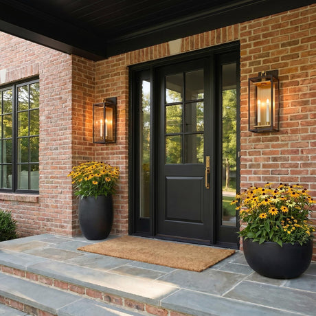A transitional red brick entry featuring two Orin Outdoor Wall Lights in bronze with vintage brass accents flanking a black door beside yellow flowers in black planters.