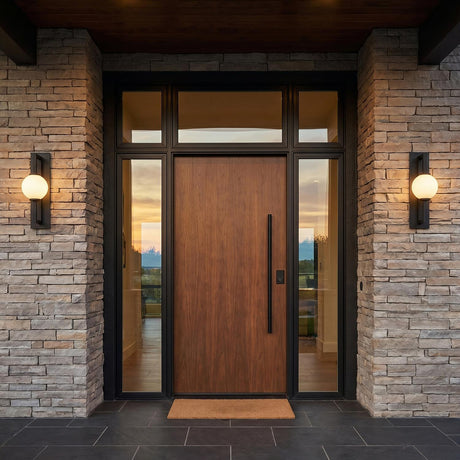 A modern home entry with two Gus Outdoor Wall Light, Large 24" Textured Black fixtures flanking a wood front door on stacked stone at dusk.