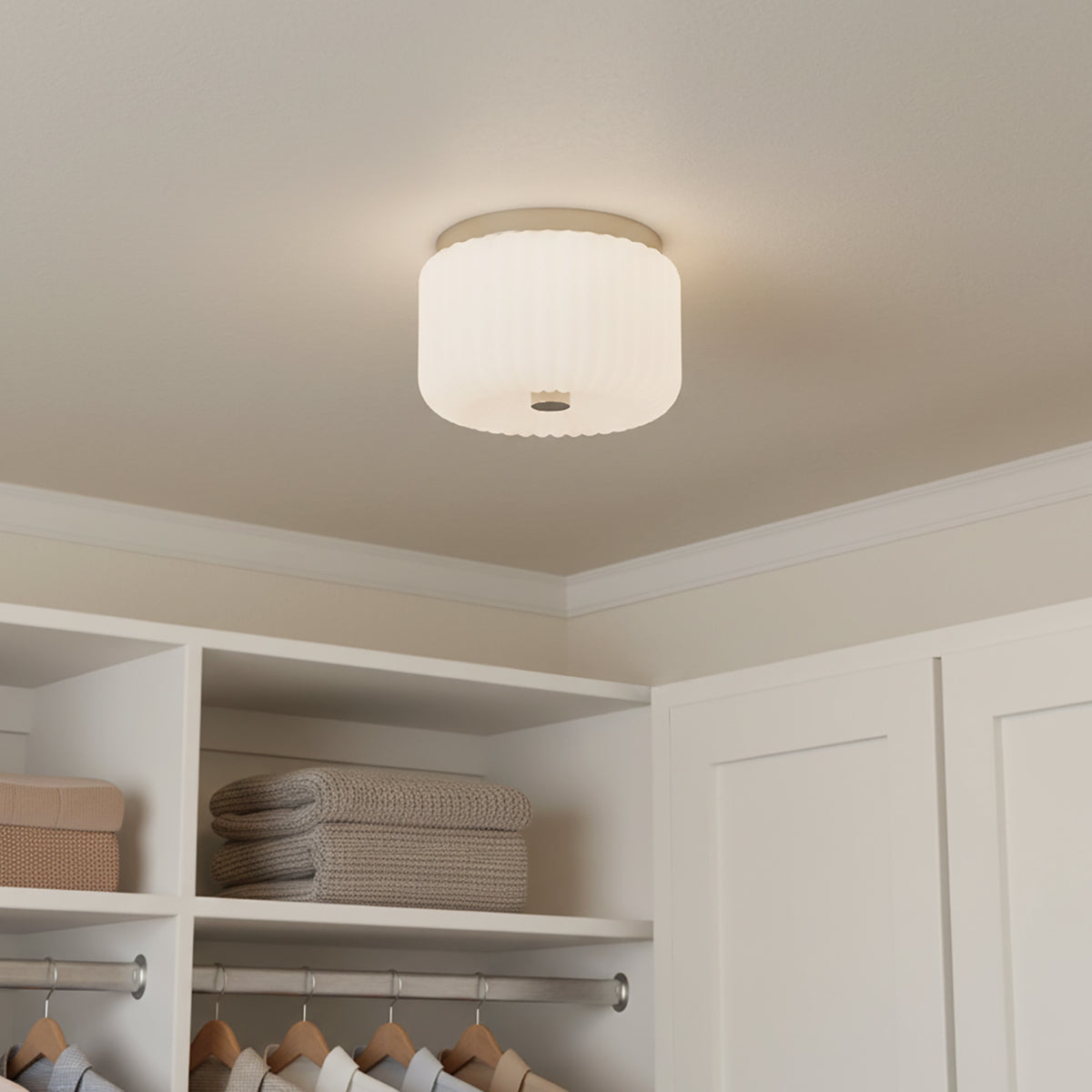Dora Flush Mount 10", Polished Nickel with Opal Glass - Flush mount ceiling light in a closet.