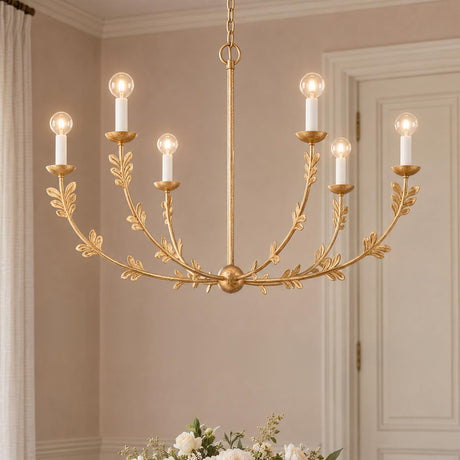 A traditional dining room showcasing an Aviva 6 Light Chandelier in Gold Leaf with leaf accents suspended over a floral centerpiece.