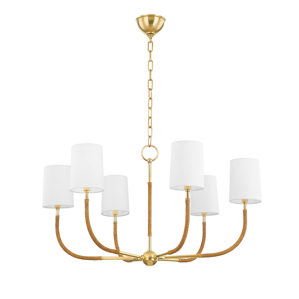 Iris 6 Light Chandelier 34", Aged Brass with Rattan