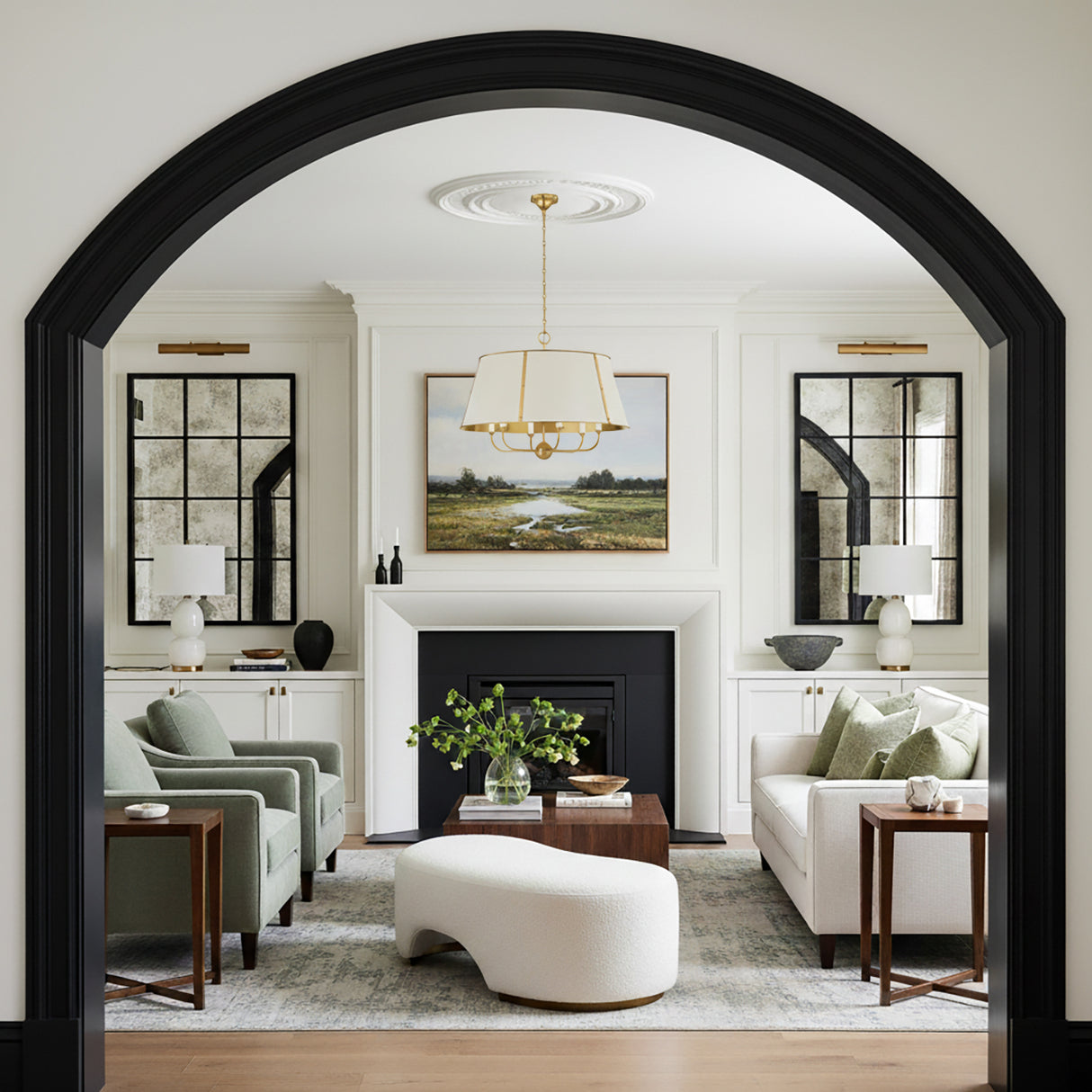 Avery 6 Light Extra Large Pendant 28", Off White with Aged Brass for Transitional home with White Walls