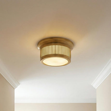 Vann Aged Brass geometric linear flush mount in a Transitional Hallway with white crown molding.