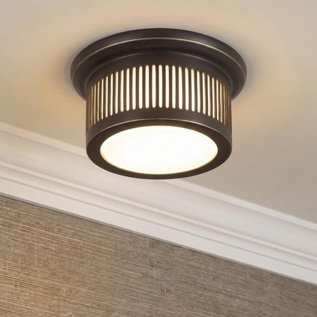 Vann LED Flush Mount 6", Old Bronze geometric Flush Mount in a Transitional Hallway with textured wallpaper and crown molding.