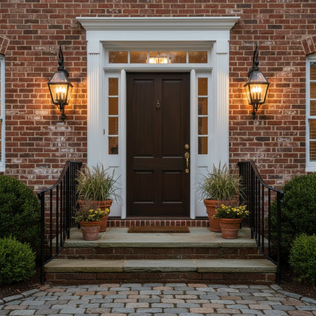 Ashford Outdoor Wall Light, Medium 40" Black - Front door of a brick colonial house with two dramatic and classic 40" tall lantern lights.